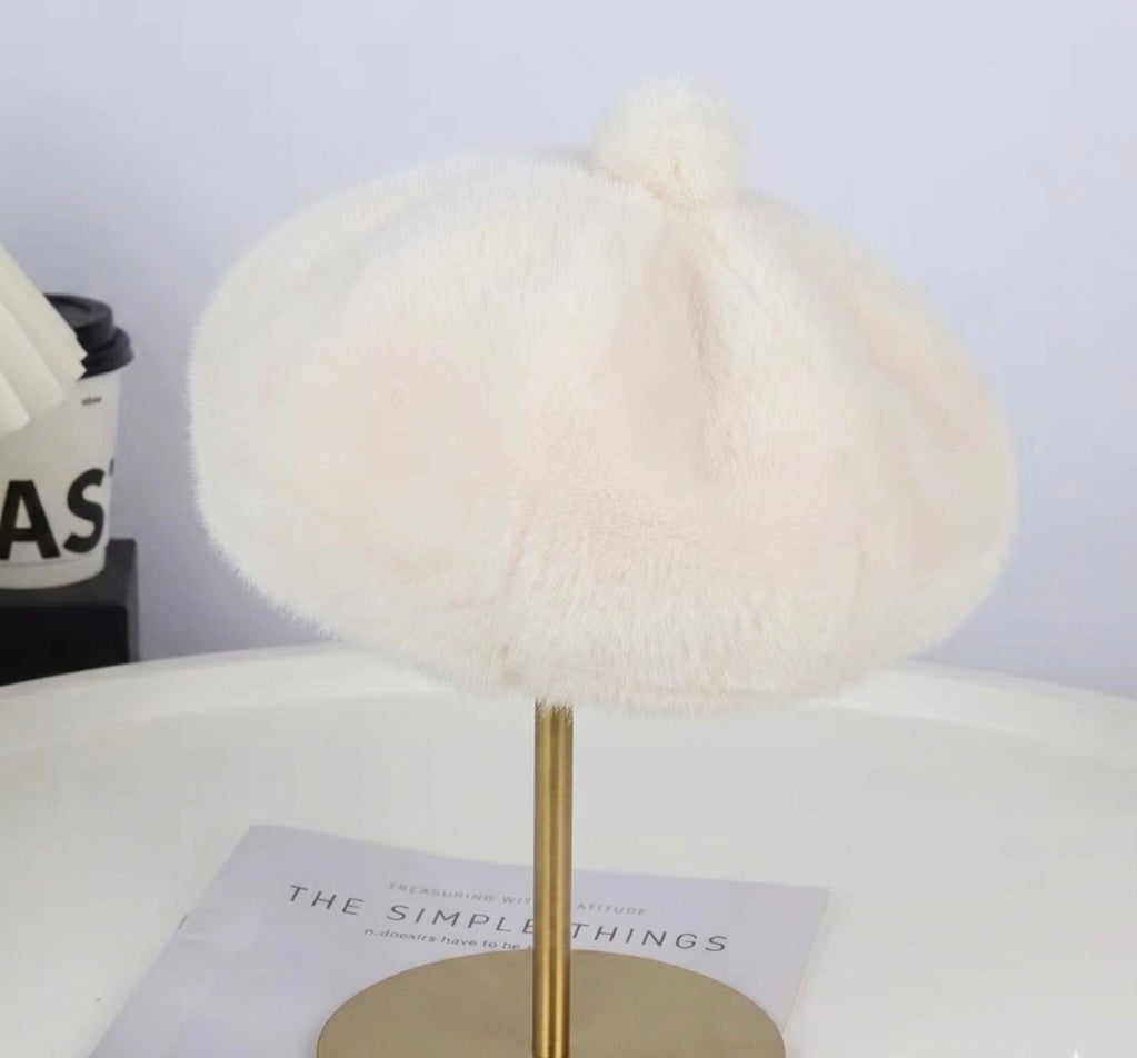 Béret femme fourrure blanc – Béret chaud hiver style artiste peintre