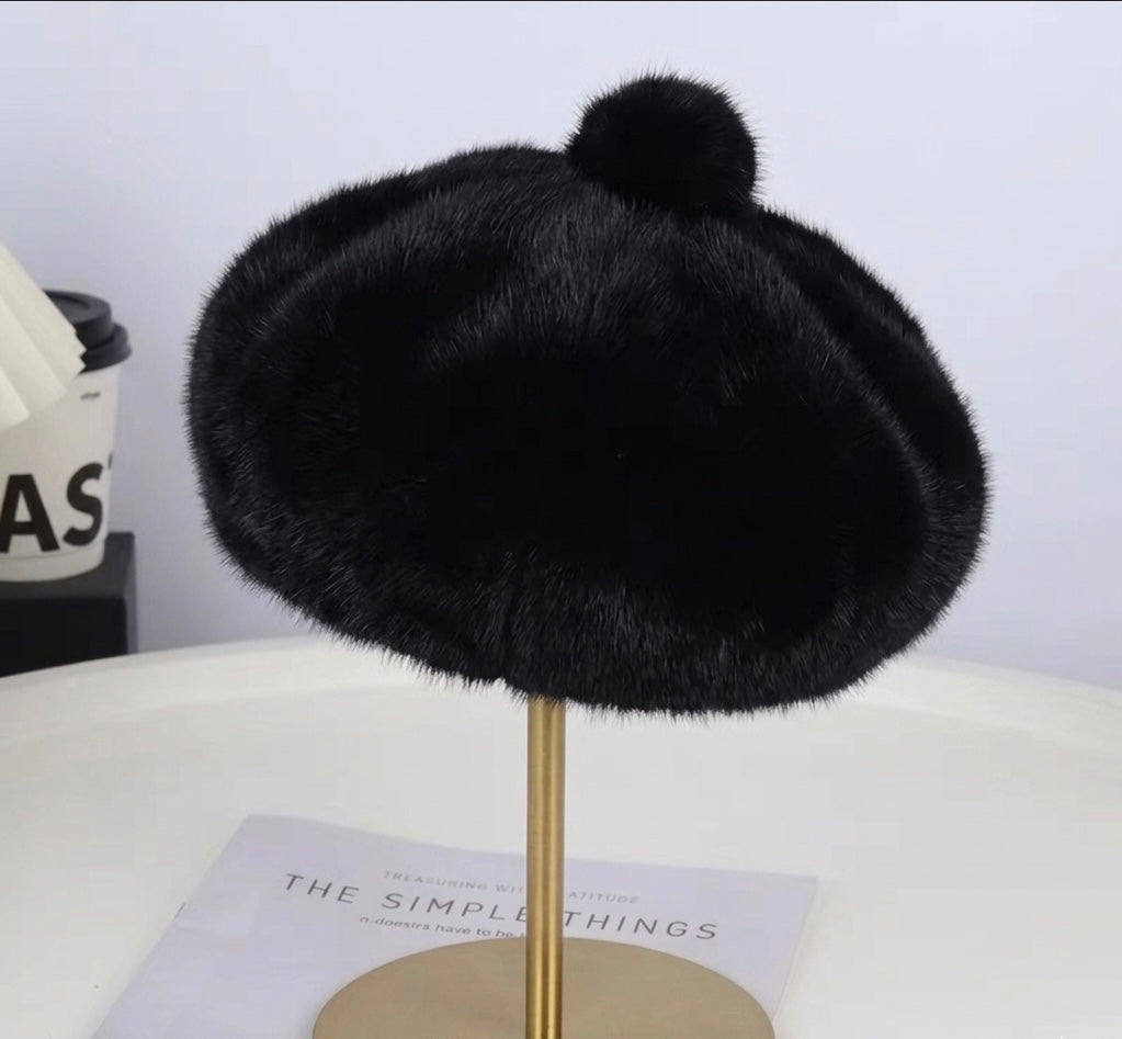 Béret femme fourrure noir – Béret chaud hiver élégant style peintre