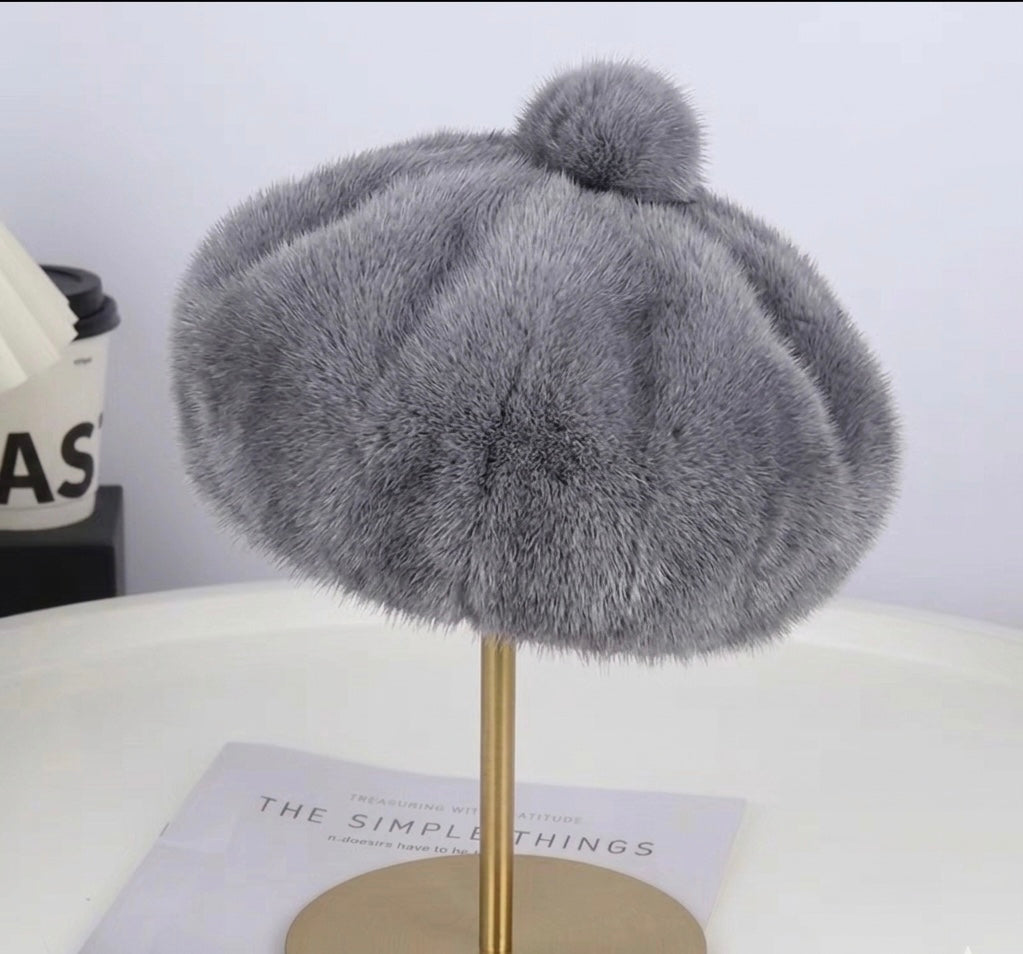 Béret femme fourrure gris clair – Béret chaud hiver style artiste