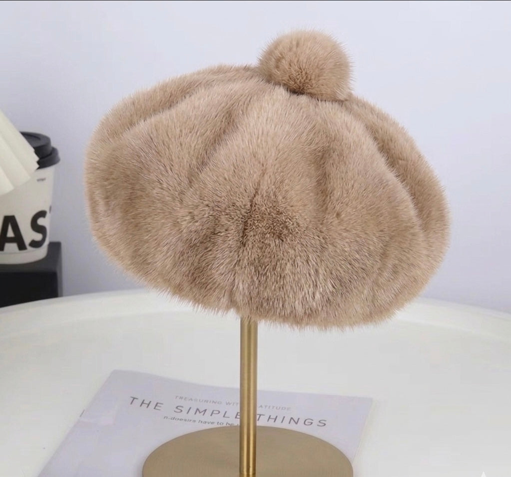 Béret femme fourrure beige – Béret chaud hiver style artiste peintre