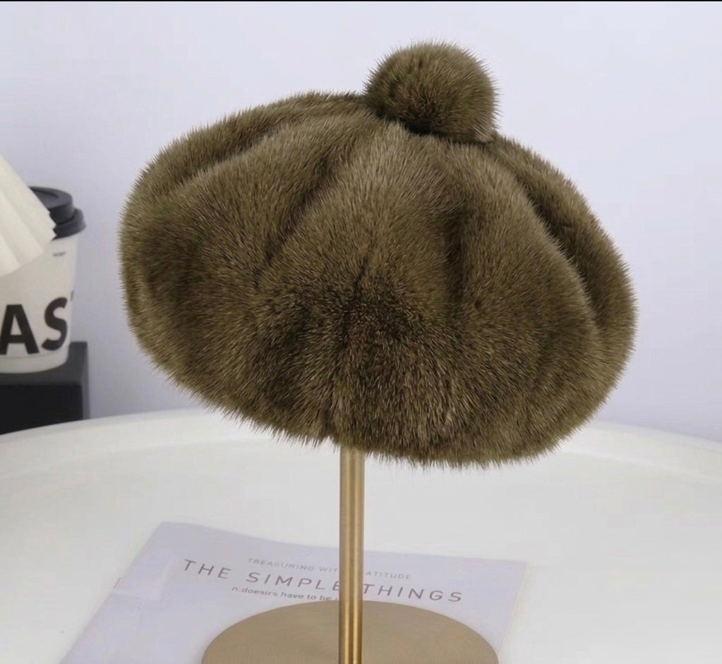 Béret femme fourrure marron – Béret chaud hiver style peintre vintage