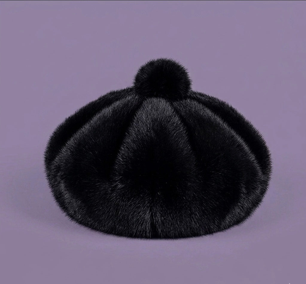 Béret femme fourrure noir – Béret chaud hiver élégant style peintre