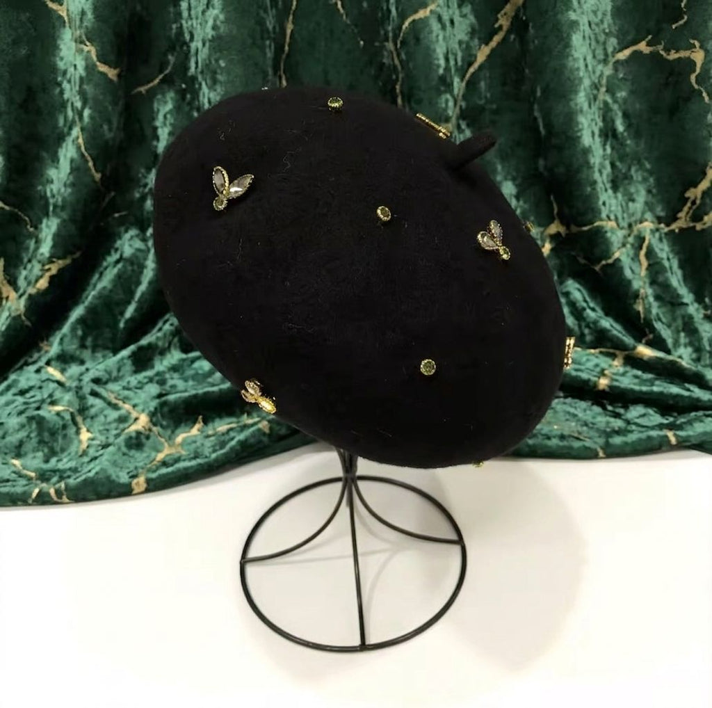 Béret femme laine noir avec abeille cristal – Béret chic élégant hiver