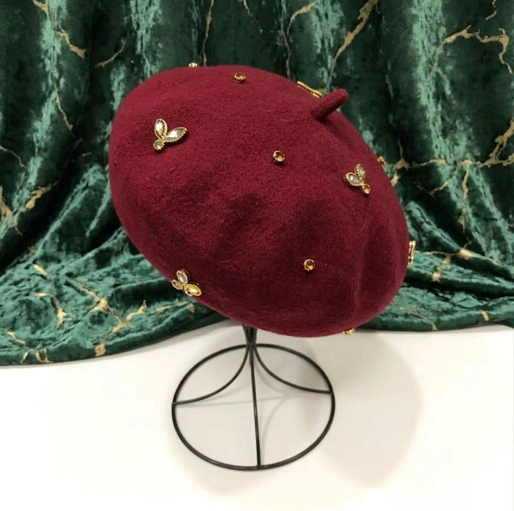 Béret femme laine rouge bordeaux abeille cristal – Béret élégant hiver