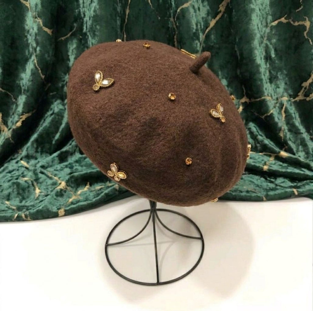 Béret femme laine marron abeille cristal – Béret élégant automne hiver