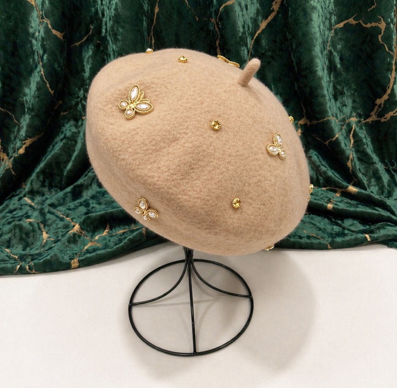 Béret femme laine beige abeille cristal – Béret élégant hiver chic