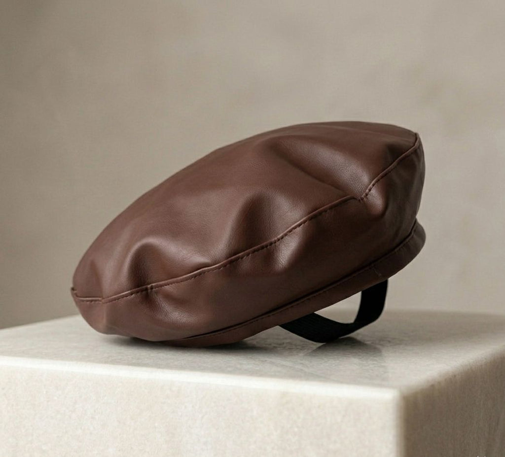 Béret vintage cuir PU femme marron – Béret élégant style français automne hiver
