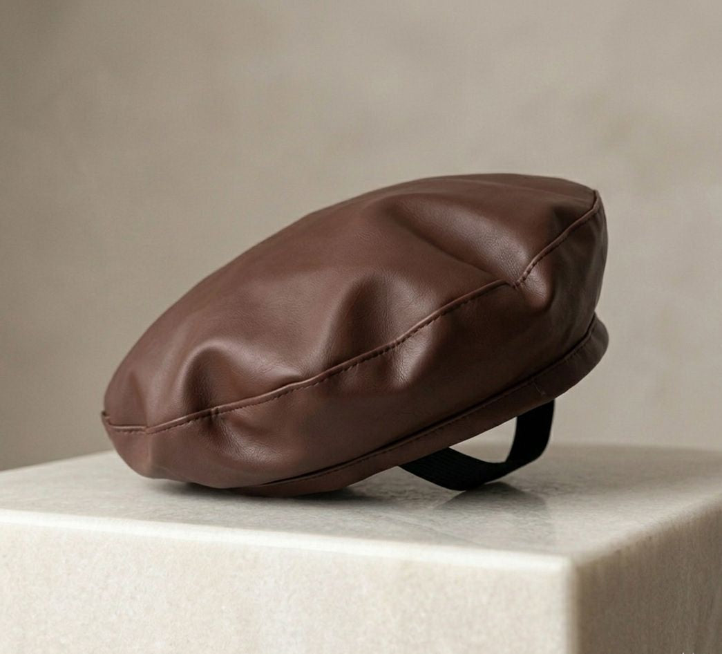 Béret vintage cuir PU femme marron – Béret élégant style français automne hiver