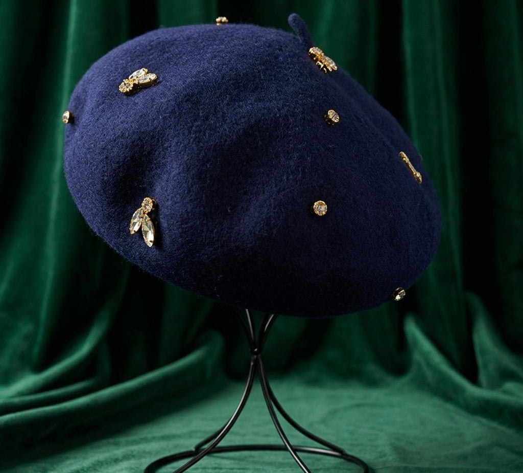 Béret en laine femme bleu marine avec abeille cristal | Abeille Royale