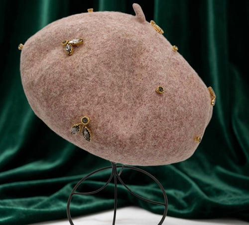 Béret en laine femme moka avec broche abeille cristal | Abeille Royale