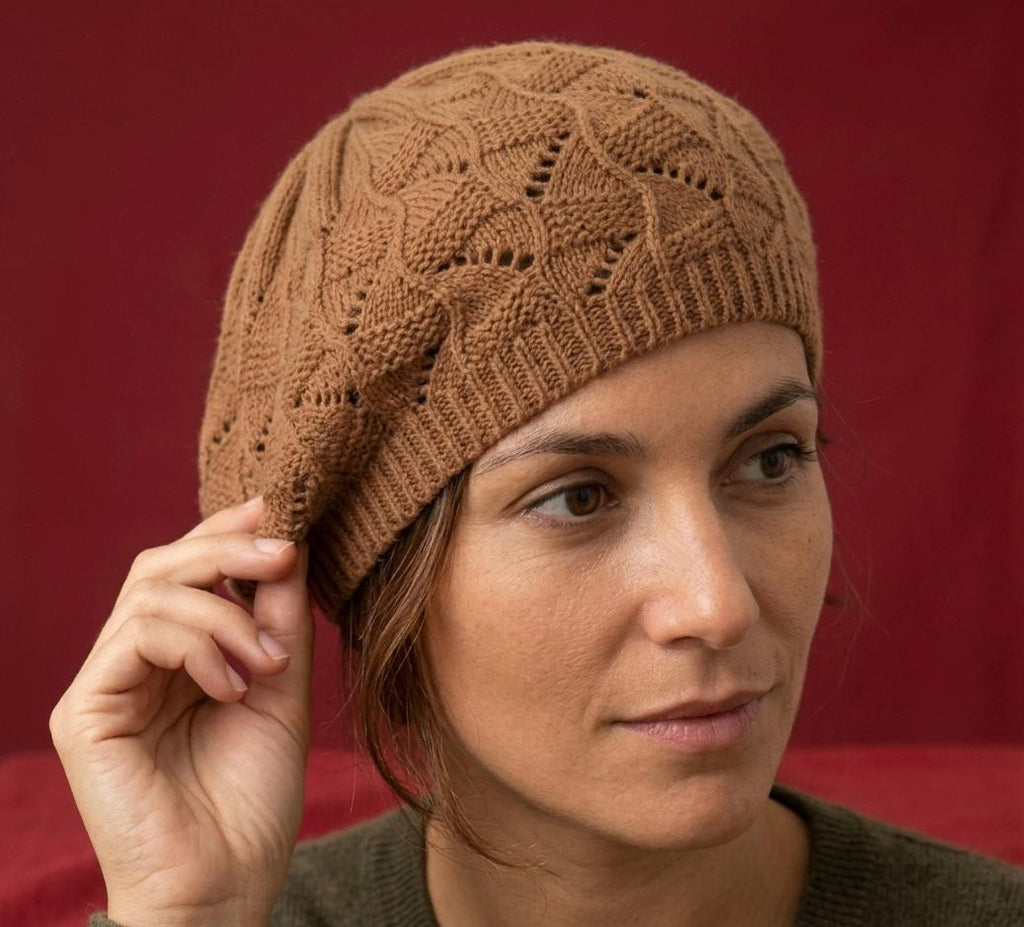 Béret femme tricoté en acrylique – Camel – Style bohème.