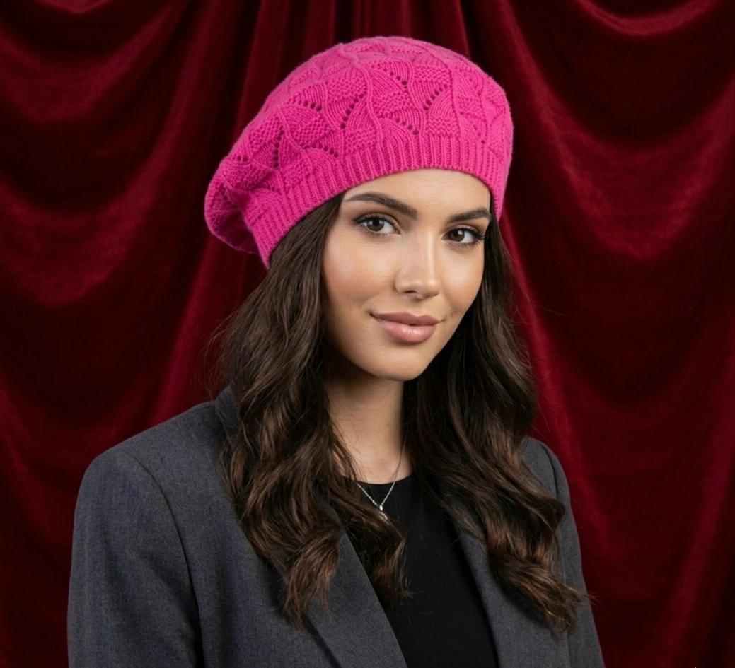 Béret femme tricoté en acrylique – Rose fuchsia – Tendance pop