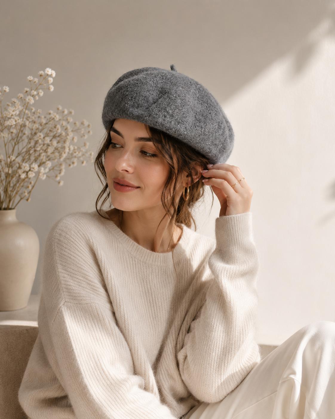 Béret Femme en Laine Gris – Chapeau Français Chaud Automne Hiver