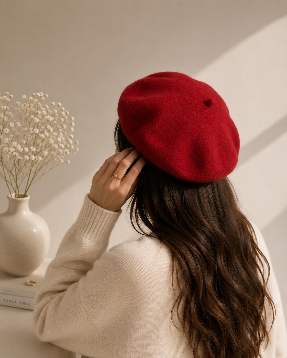 Béret Femme en Laine Rouge – Chapeau Français Chic Automne Hiver