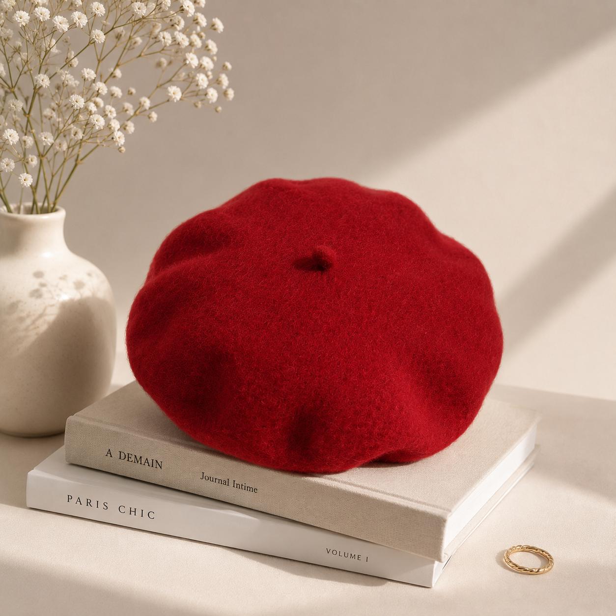 Béret Femme en Laine Rouge – Chapeau Français Chic Automne Hiver