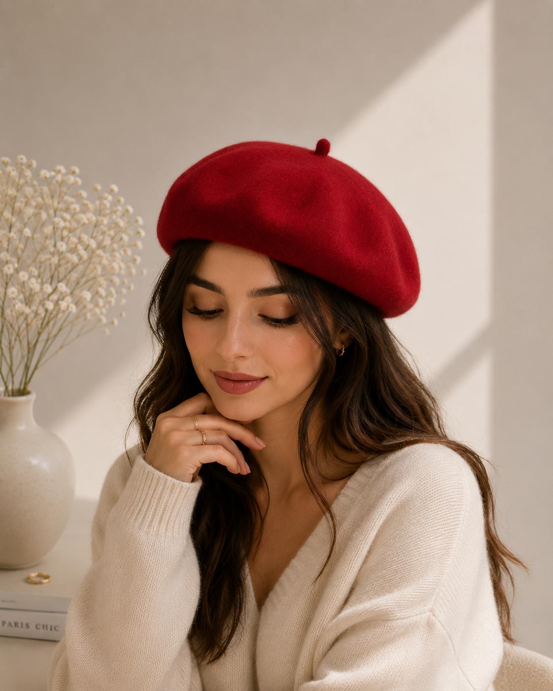 Béret Femme en Laine Rouge – Chapeau Français Chic Automne Hiver