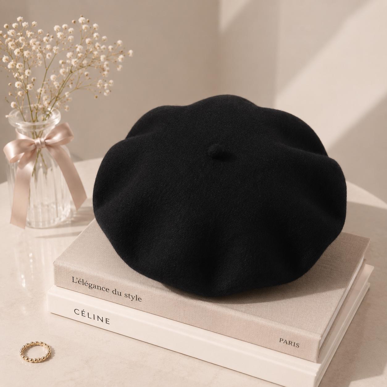 Béret Femme en Laine Noir – Chapeau Français Chaud Automne Hiver
