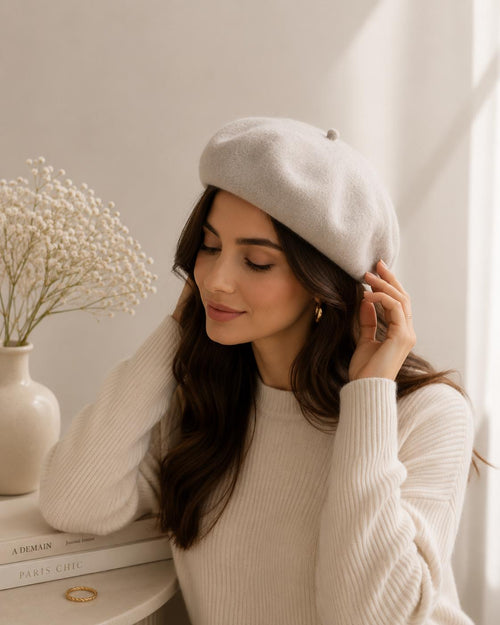 Béret Femme en Laine Blanc Crème – Chapeau Français Chic Hiver