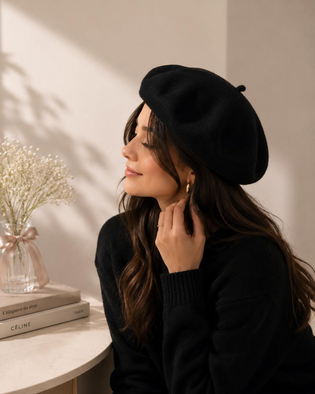 Béret Femme en Laine Noir – Chapeau Français Chaud Automne Hiver