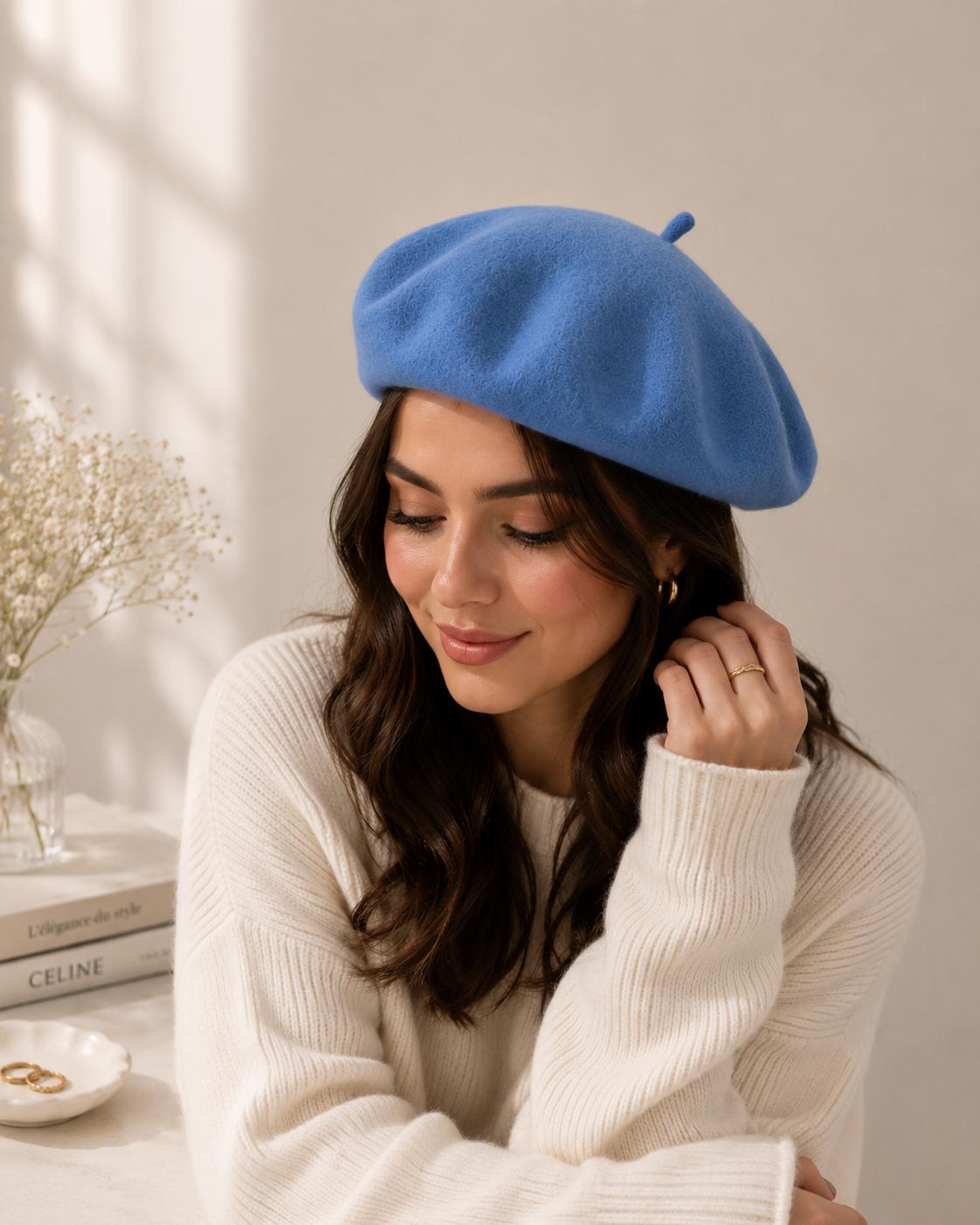Béret Femme en Laine Bleu Ciel – Chapeau Français Doux Automne Hiver