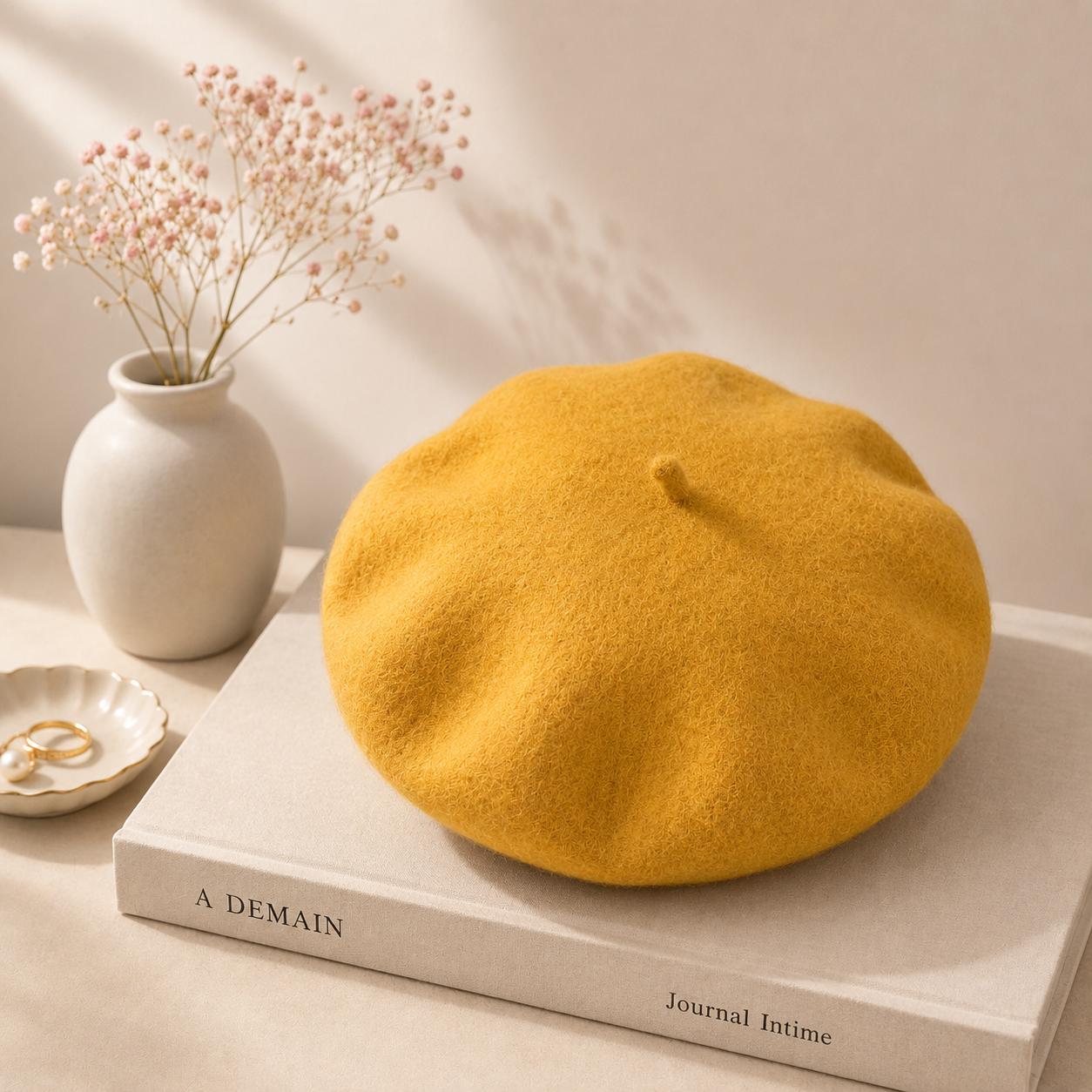 Béret Femme en Laine Jaune – Chapeau Français Chaud et Tendance