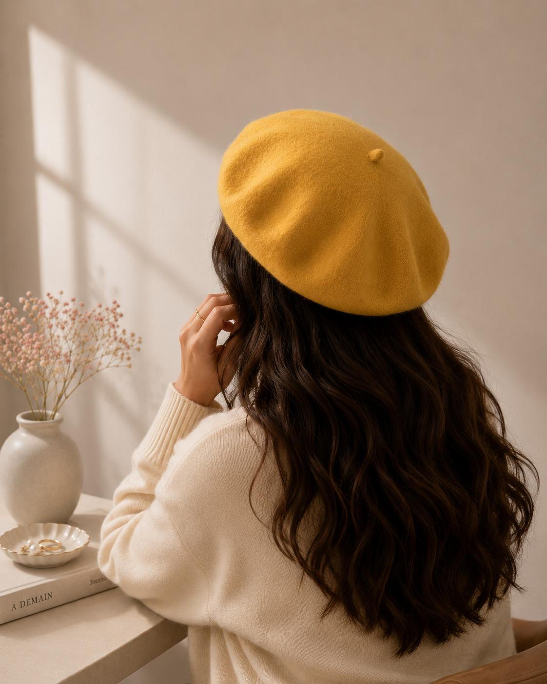 Béret Femme en Laine Jaune – Chapeau Français Chaud et Tendance