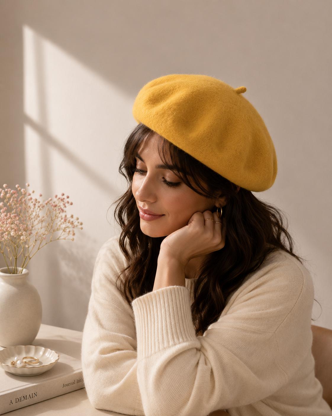 Béret Femme en Laine Jaune – Chapeau Français Chaud et Tendance
