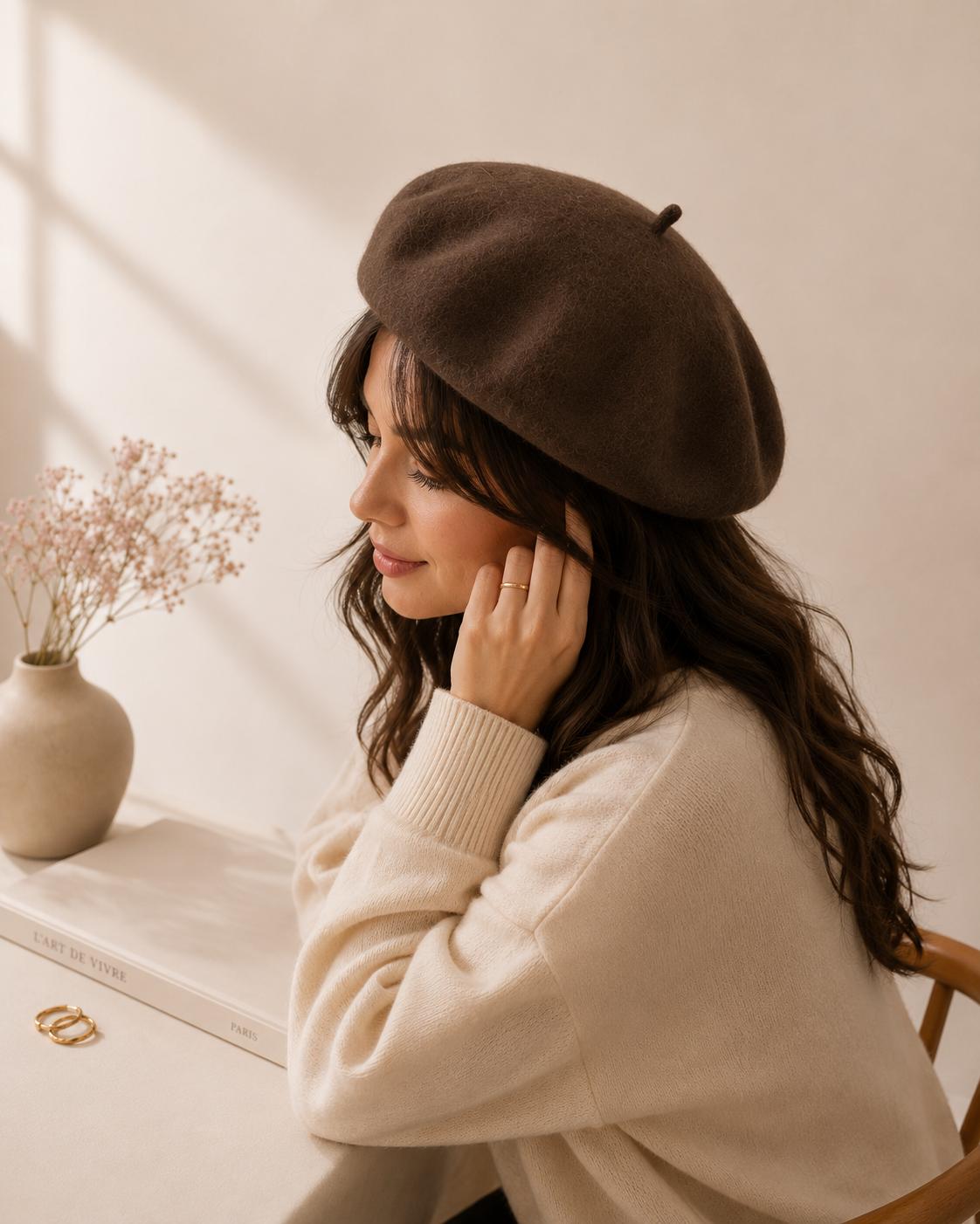 Béret Femme en Laine Marron Café – Chapeau Chaud Style Français