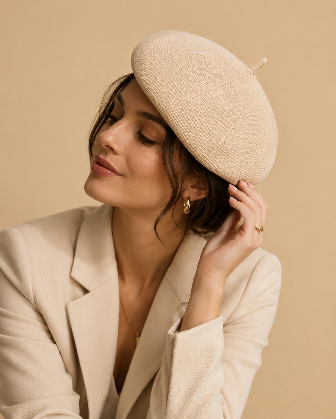 Casquette Béret Femme Coton Tricoté Beige – Chapeau Peintre d’Été Sophia