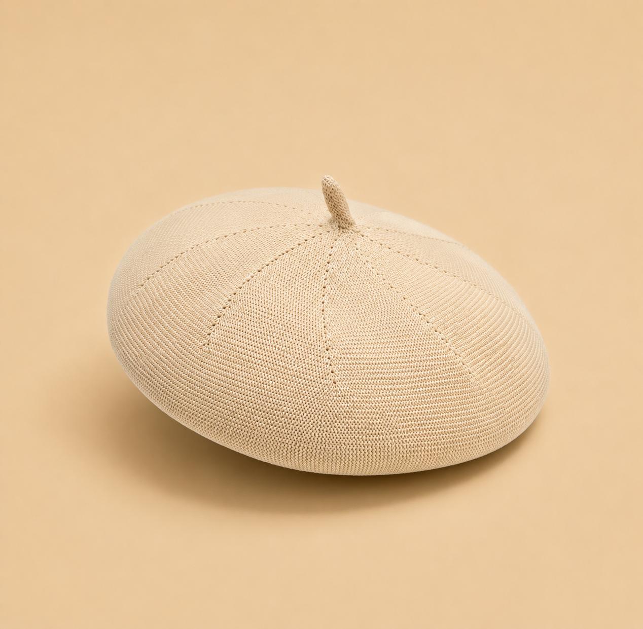 Casquette Béret Femme Coton Tricoté Beige – Chapeau Peintre d’Été Sophia