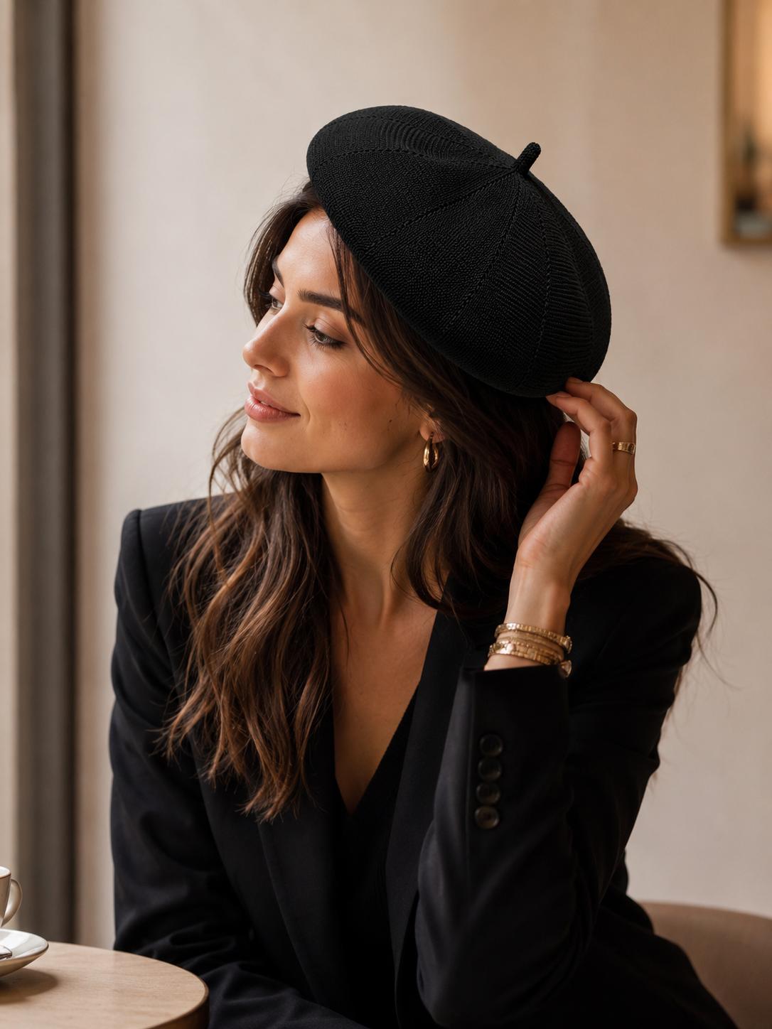 Casquette Béret Femme Coton Tricoté Noir – Chapeau Parisien d’Été