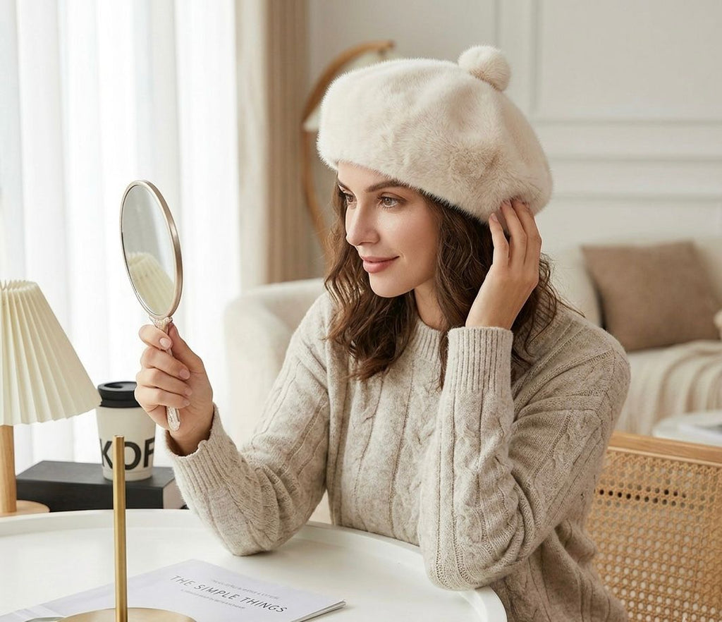 Béret femme fourrure blanc – Béret chaud hiver style artiste peintre