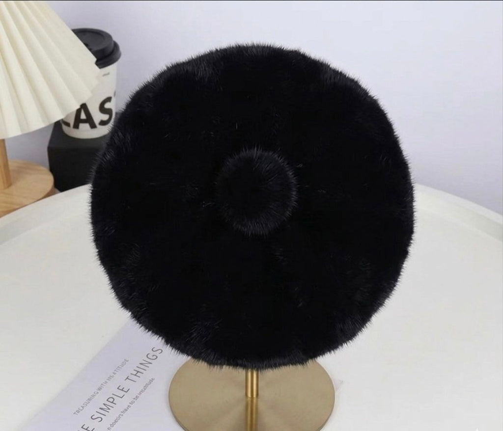 Béret femme fourrure noir – Béret chaud hiver élégant style peintre