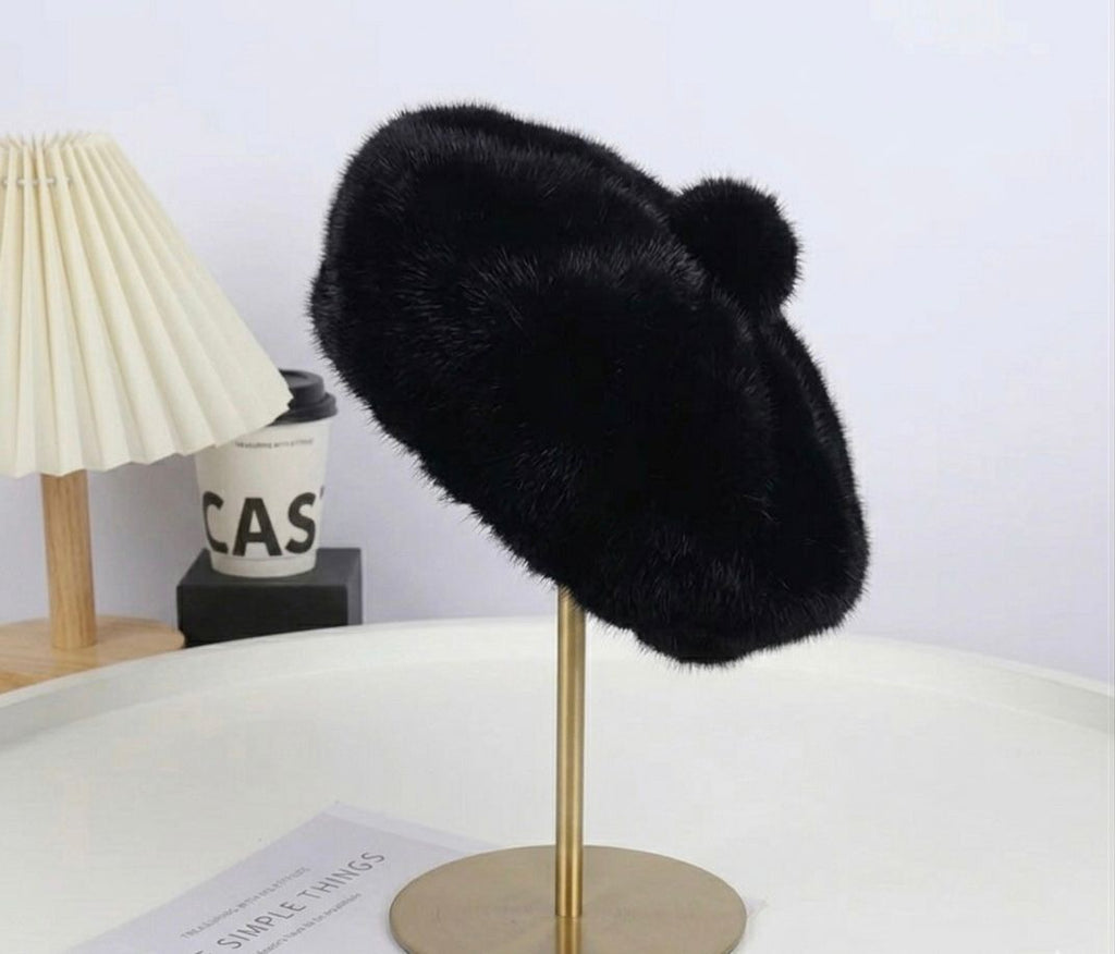 Béret femme fourrure noir – Béret chaud hiver élégant style peintre