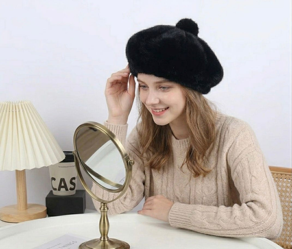 Béret femme fourrure noir – Béret chaud hiver élégant style peintre
