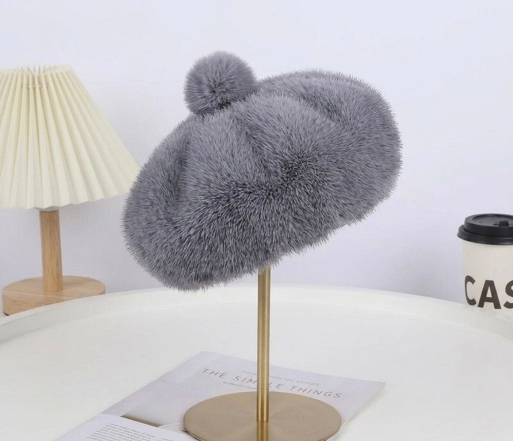 Béret femme fourrure gris clair – Béret chaud hiver style artiste