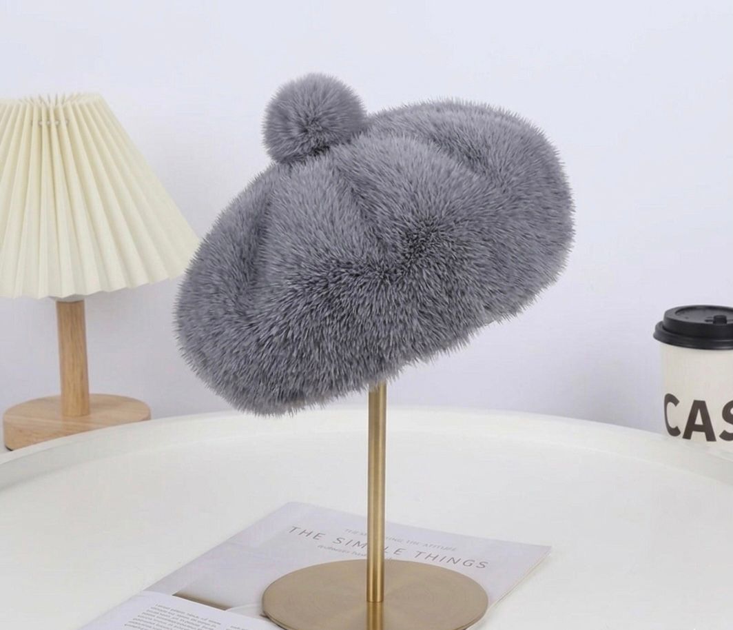 Béret femme fourrure gris clair – Béret chaud hiver style artiste