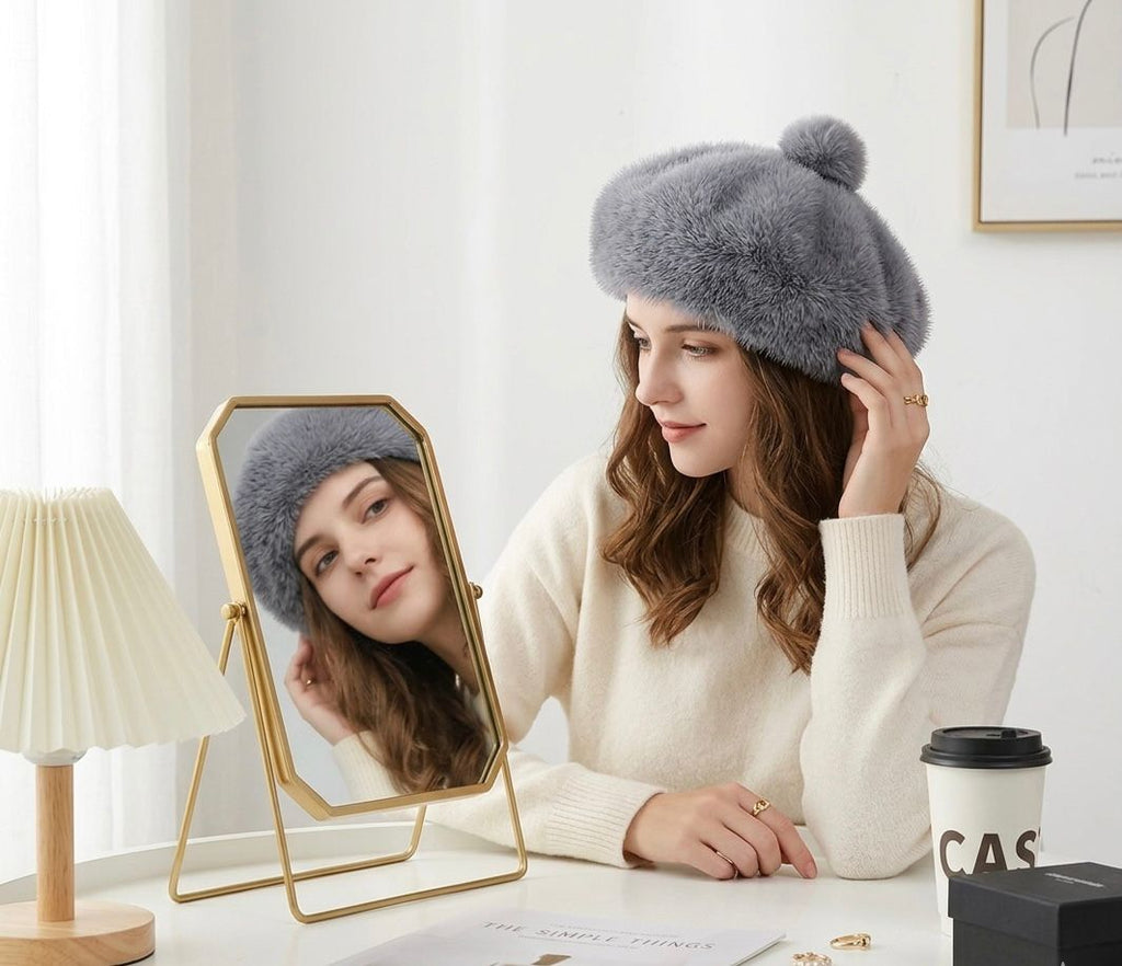 Béret femme fourrure gris clair – Béret chaud hiver style artiste