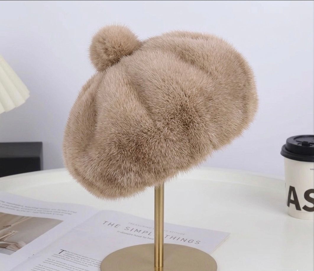 Béret femme fourrure beige – Béret chaud hiver style artiste peintre
