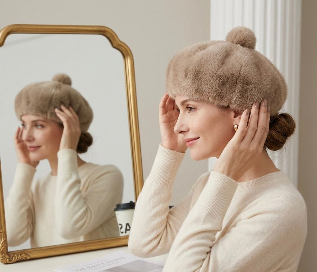 Béret femme fourrure beige – Béret chaud hiver style artiste peintre