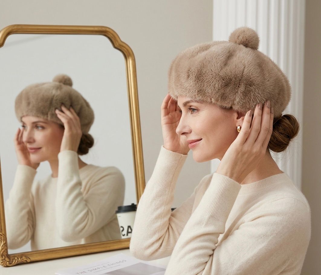 Béret femme fourrure beige – Béret chaud hiver style artiste peintre