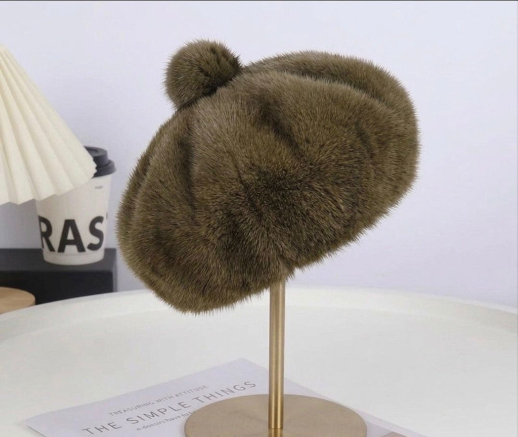 Béret femme fourrure marron – Béret chaud hiver style peintre vintage