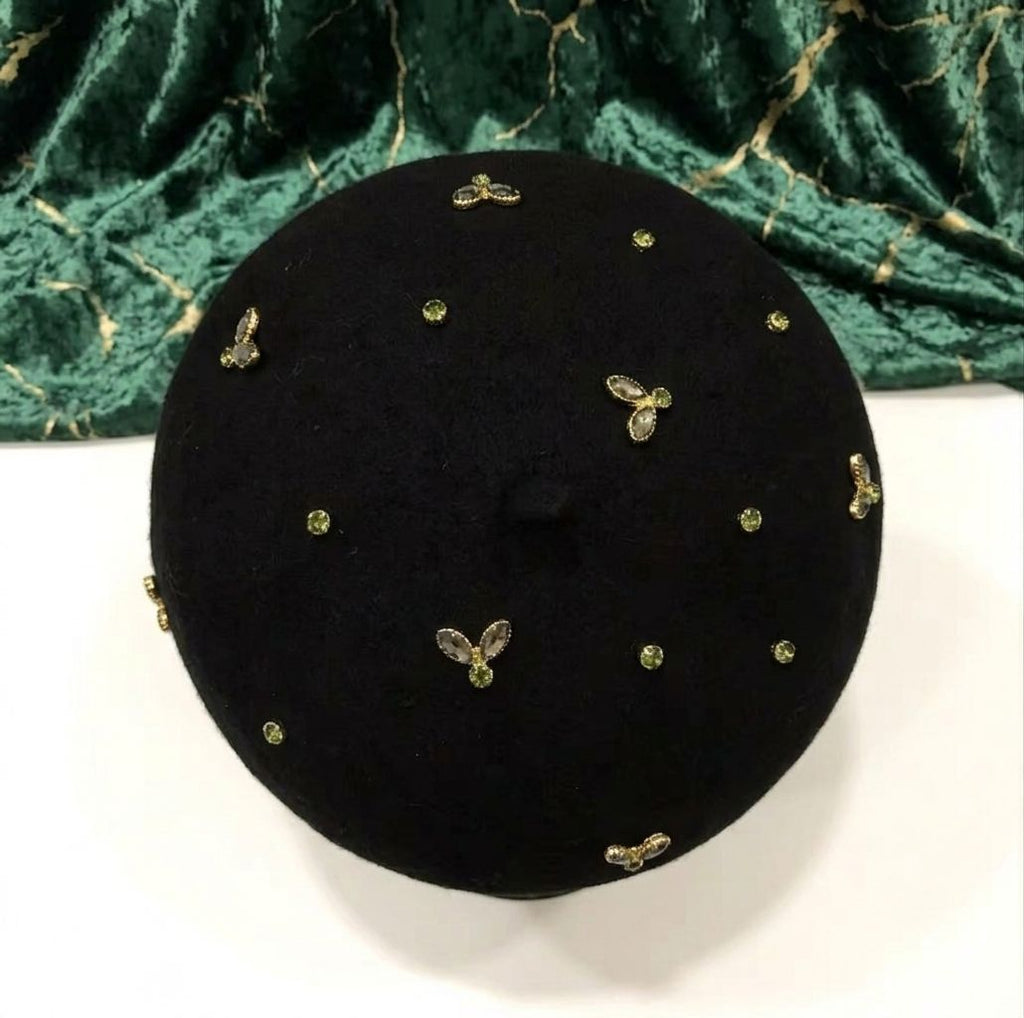 Béret femme laine noir avec abeille cristal – Béret chic élégant hiver