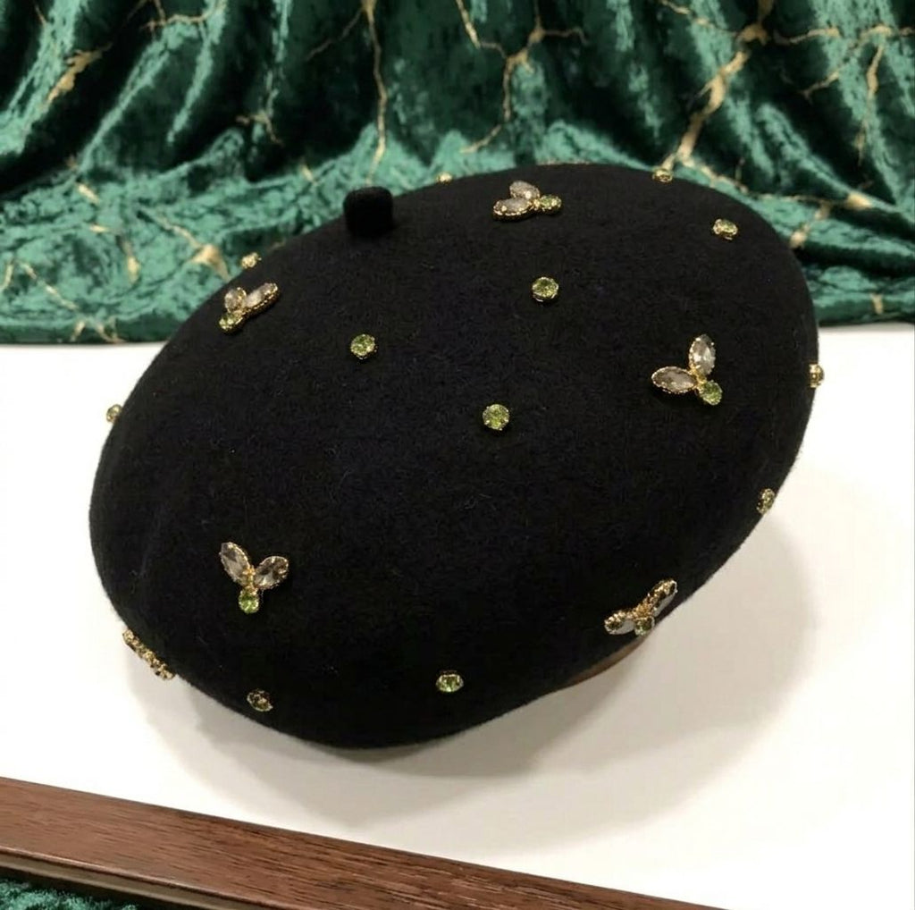 Béret femme laine noir avec abeille cristal – Béret chic élégant hiver