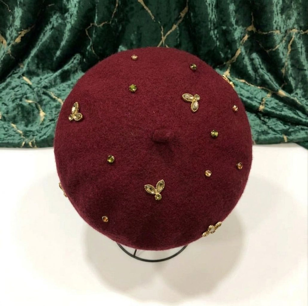 Béret femme laine rouge bordeaux abeille cristal – Béret élégant hiver