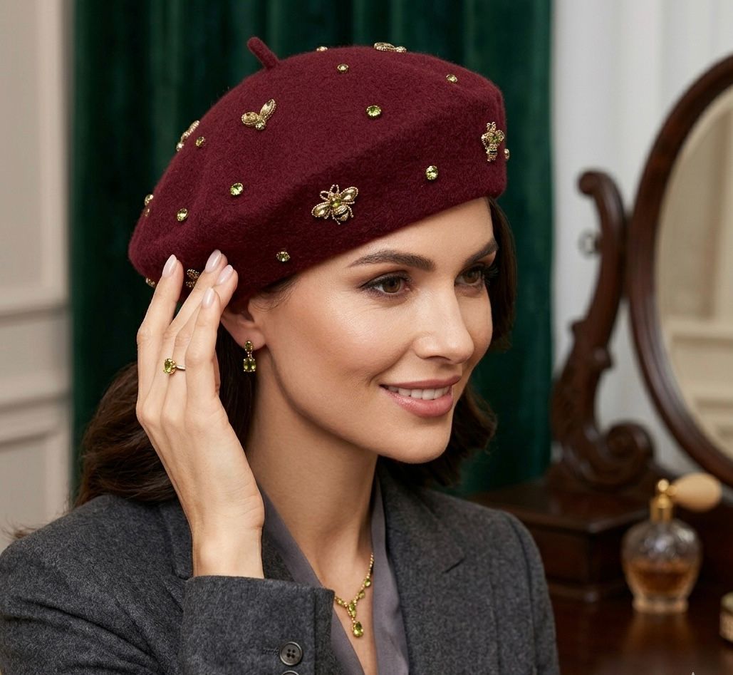 Béret femme laine rouge bordeaux abeille cristal – Béret élégant hiver