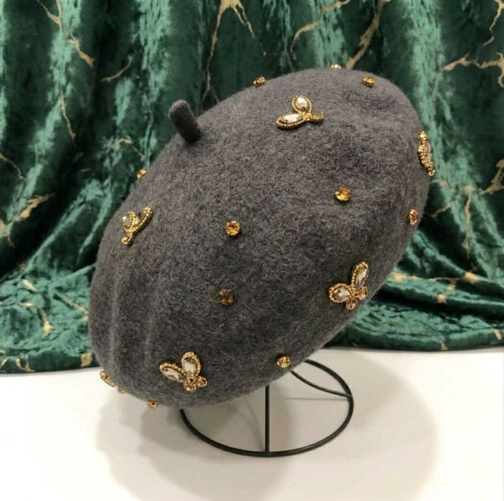 Béret femme laine gris foncé abeille cristal – Béret chic hiver