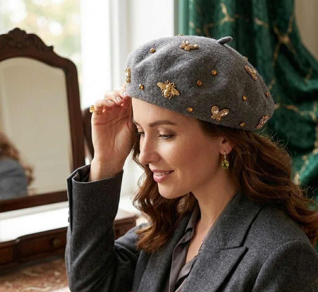 Béret femme laine gris foncé abeille cristal – Béret chic hiver