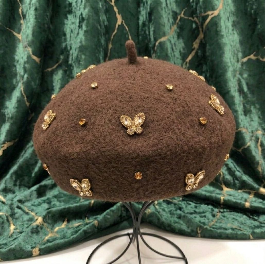 Béret femme laine marron abeille cristal – Béret élégant automne hiver