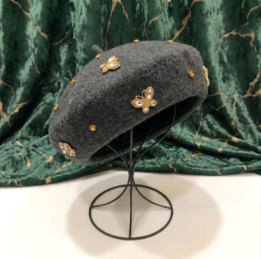 Béret femme laine gris avec abeille cristal – Béret chic hiver